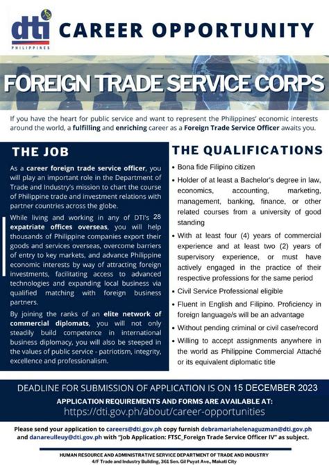 DTI career opportunity for Foreign Trade Service Corps.